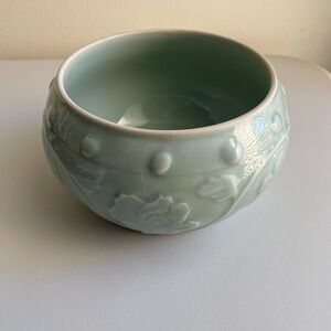 Vintage Asian Celadon Glazed Porcelain Hibiscus Bowl Planter